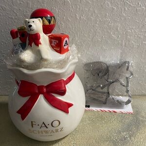 Brand New FAO Schwarz Festive White and Red Jar with Bear